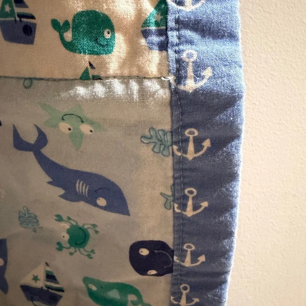 Handmade Nautical Baby Quilt Blue Teal Whale Shark Sailboat Reversible Unisex